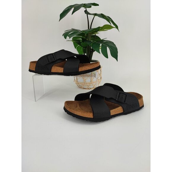 Birki's Women's Black Leather Crisscross Slip On Sandals Size 37EU 6US - Picture 1 of 8